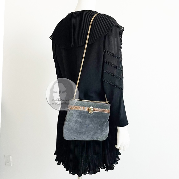 Vintage Ruth Saltz Shoulder Bag Retro 80s Gray Suede Tan Snakeskin Cougar Head - Picture 3 of 7